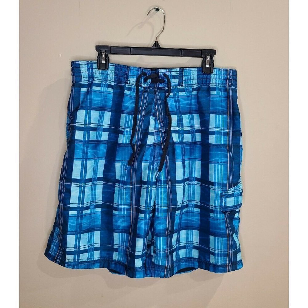 SPEEDO Swim Trunks/ Board Shorts mens large Black Blue And White plaid Pockets